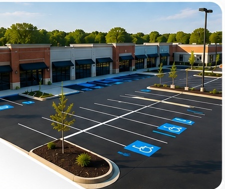 Commercial parking lot with bright white striping and accessible parking spaces