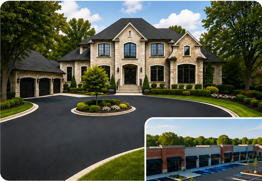 Luxury home with a freshly paved circular asphalt driveway